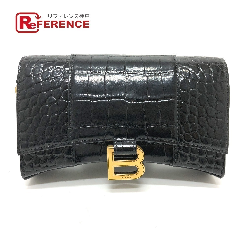 BALENCIAGA Logo Hourglass Chain Wallet Bag Shoulder Black Leather - Picture 1 of 9